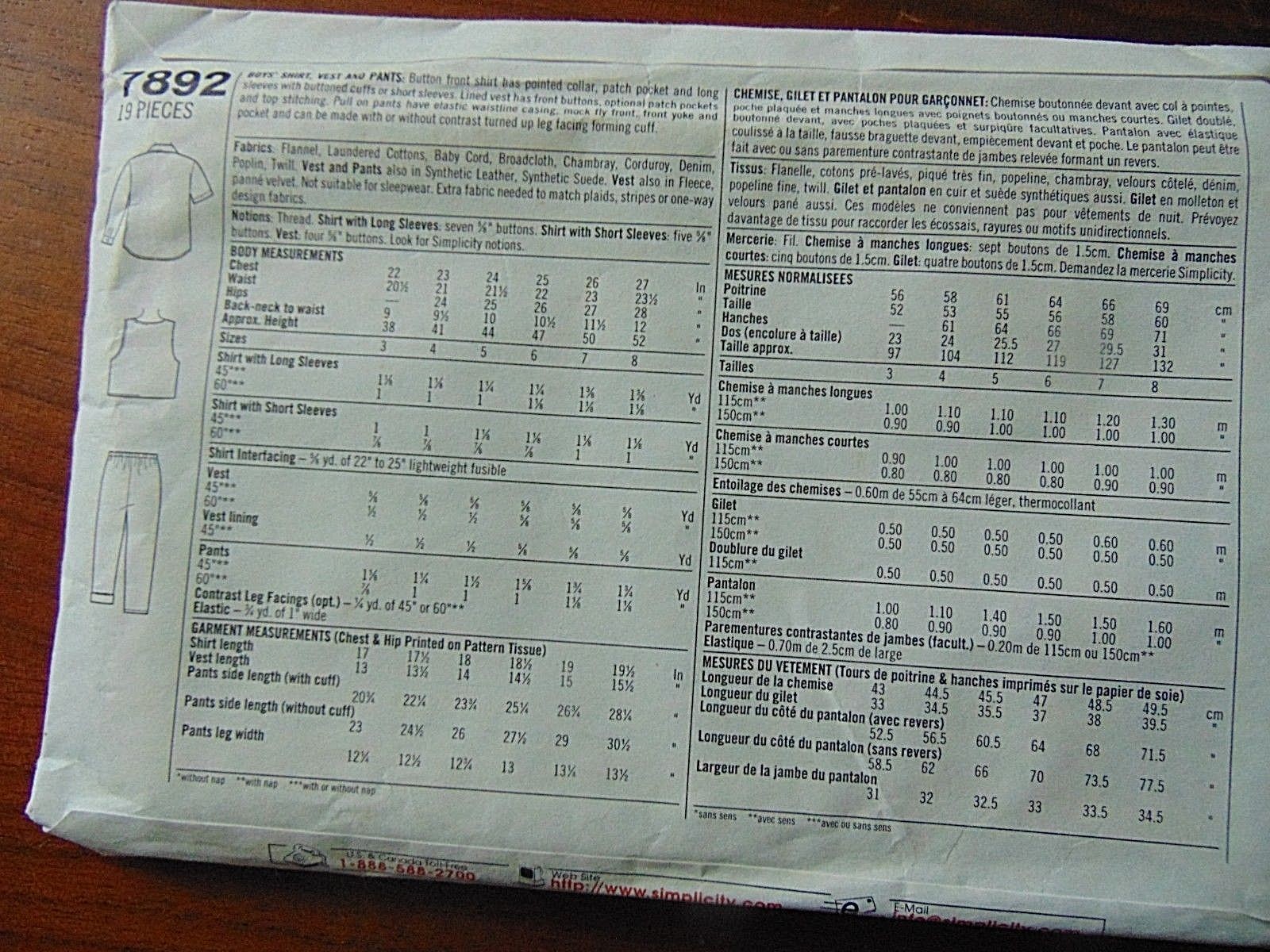Simplicity #7892 BOYS SZ BB 5,6,7,8 VEST PANTS SHIRT Sewing Pattern UNCUT