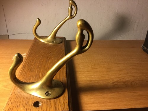 Vintage Pair Of Solid Brass Bird Head Coat Hooks On Oak Back Used