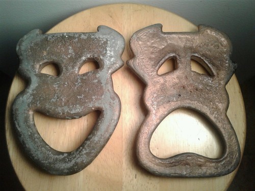 Vintage 5 Lb Each Metal Happy Sad Face Pair