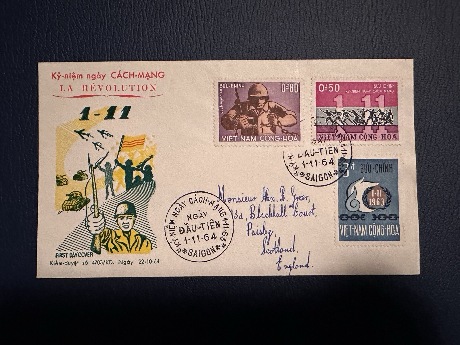 1964 South Vietnam FDC stamp Anniv. of November 1963 Revolution TO SCOTLAND