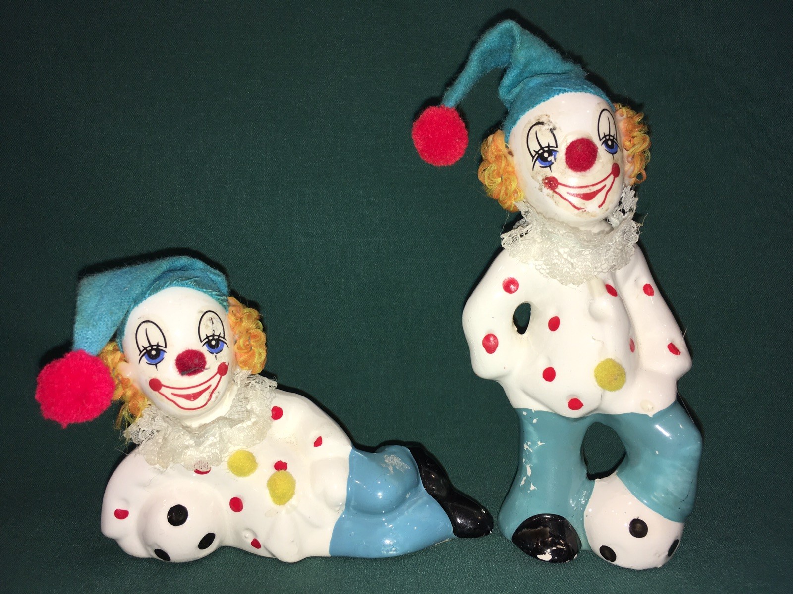2 Clown FIGURINES Ceramic FABRIC CLOTH POM POMS LACE Set TURQUOISE Vintage