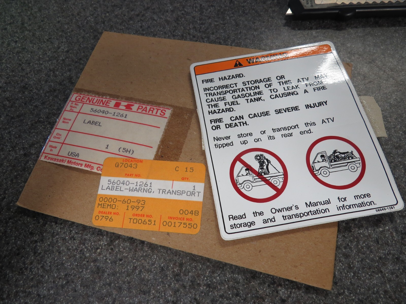 NOS Kawasaki Transporting Warning Label KLF220 KSF250 KEF300