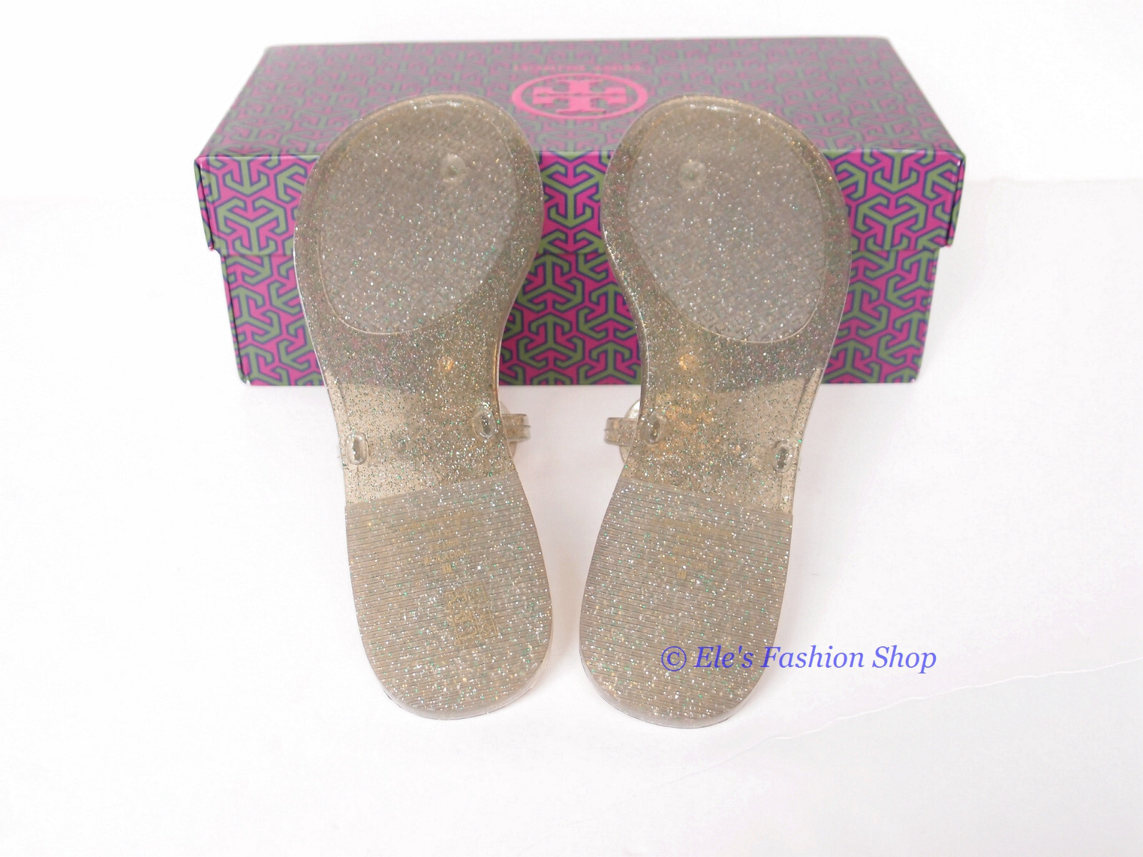 Pre-owned Tory Burch In Box  Mini Miller Jelly Thong Sandals Green Silver Gold Us 7
