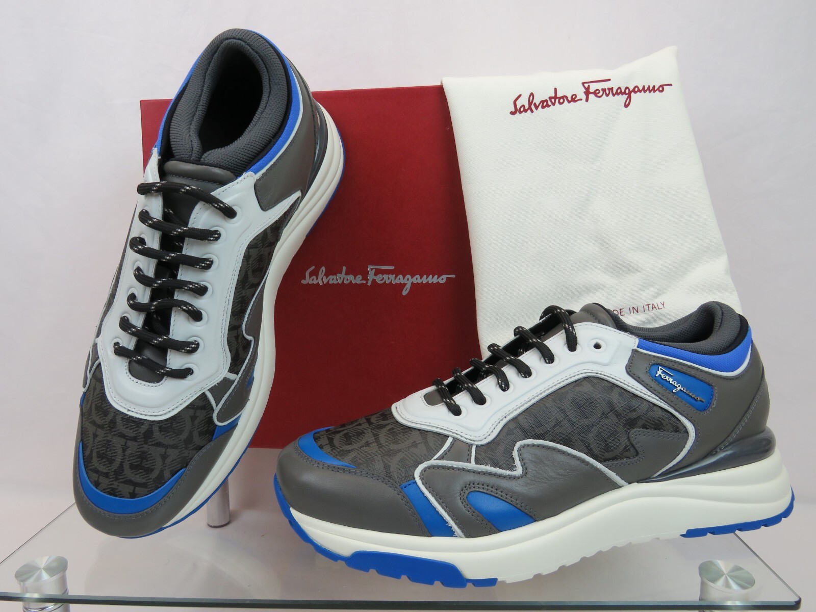 FERRAGAMO $795 FERRAGAMO THUNDERNOW GRAY BLUE WHITE LEATHER GANCINI SNEAKERS 9 ITALY
