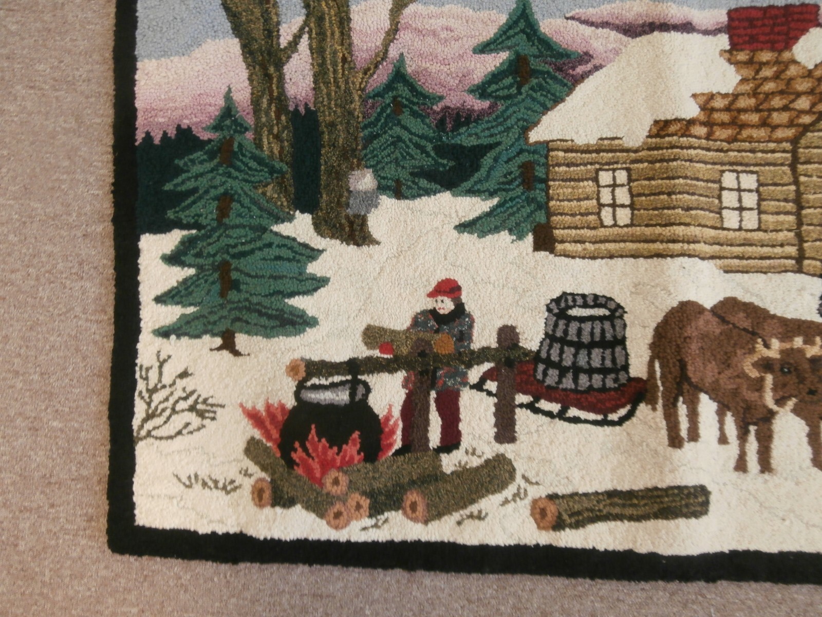 PICTORIAL FOLK ART HOOKED RUG VERMONT WINTER SCENE HORSE & SLEIGH MAPLE SUGAR