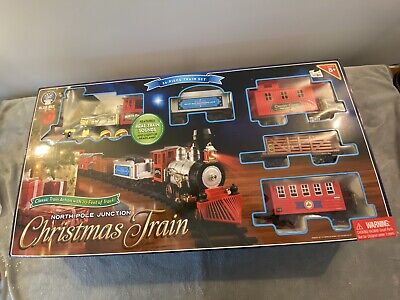 Christmas Train Set North Pole Junction 34 Piece 20 Feet of Track Blue Hat