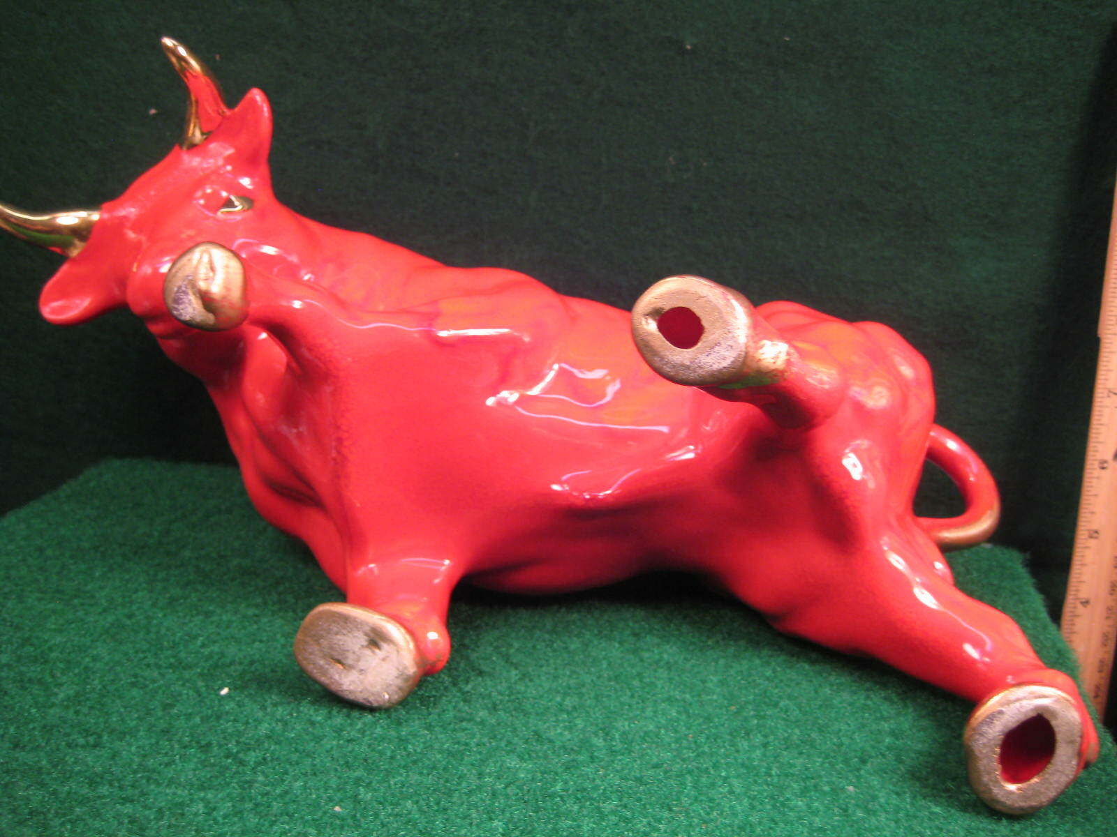 Vintage Large Fiery glazed Red Ceramic Bull Statue, Gold Eyes, Horns, Hooves