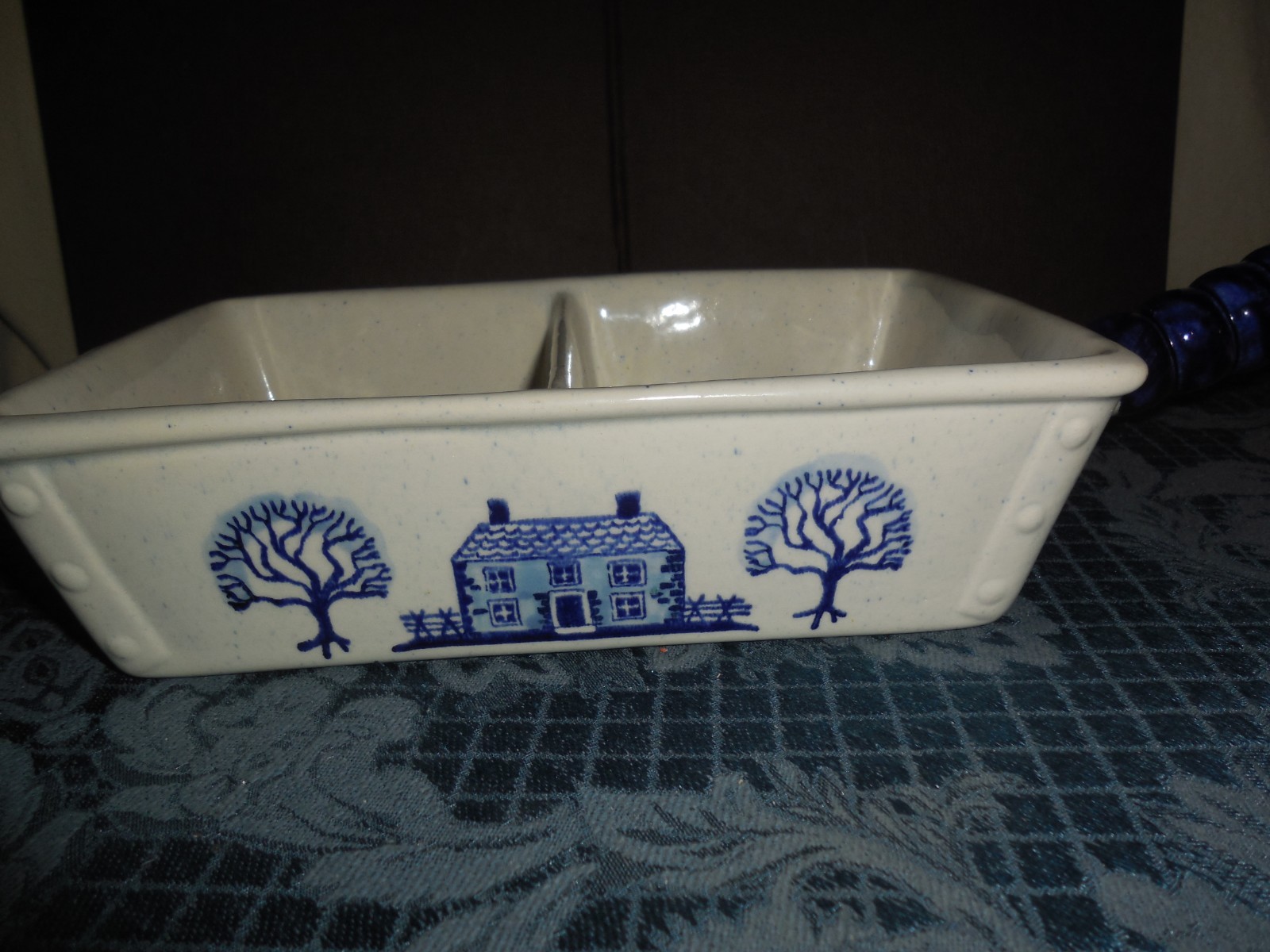 VTG POPPYTRAIL BY METLOX DIVIDED SERVING DISH WITH HANDLE HOUSE TREE DESIGN EUC