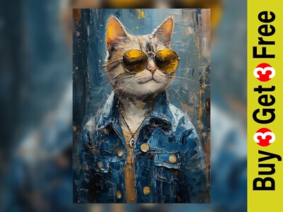 Stylish Cat with Sunglasses Watercolor Art Print 5''x7'' Matte Paper Trendy Decor