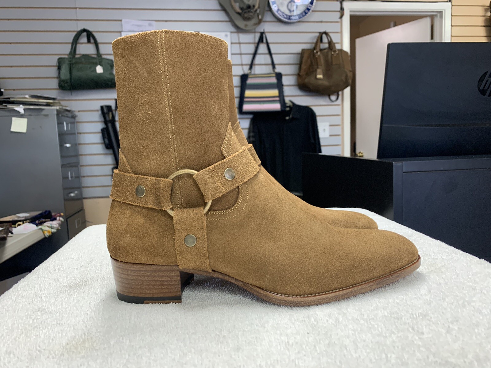 YSL Saint Laurent Wyatt Harness Suede Camel Brown Boots YSL Saint Laurent Wyatt Harness Suede Camel Brown Boots