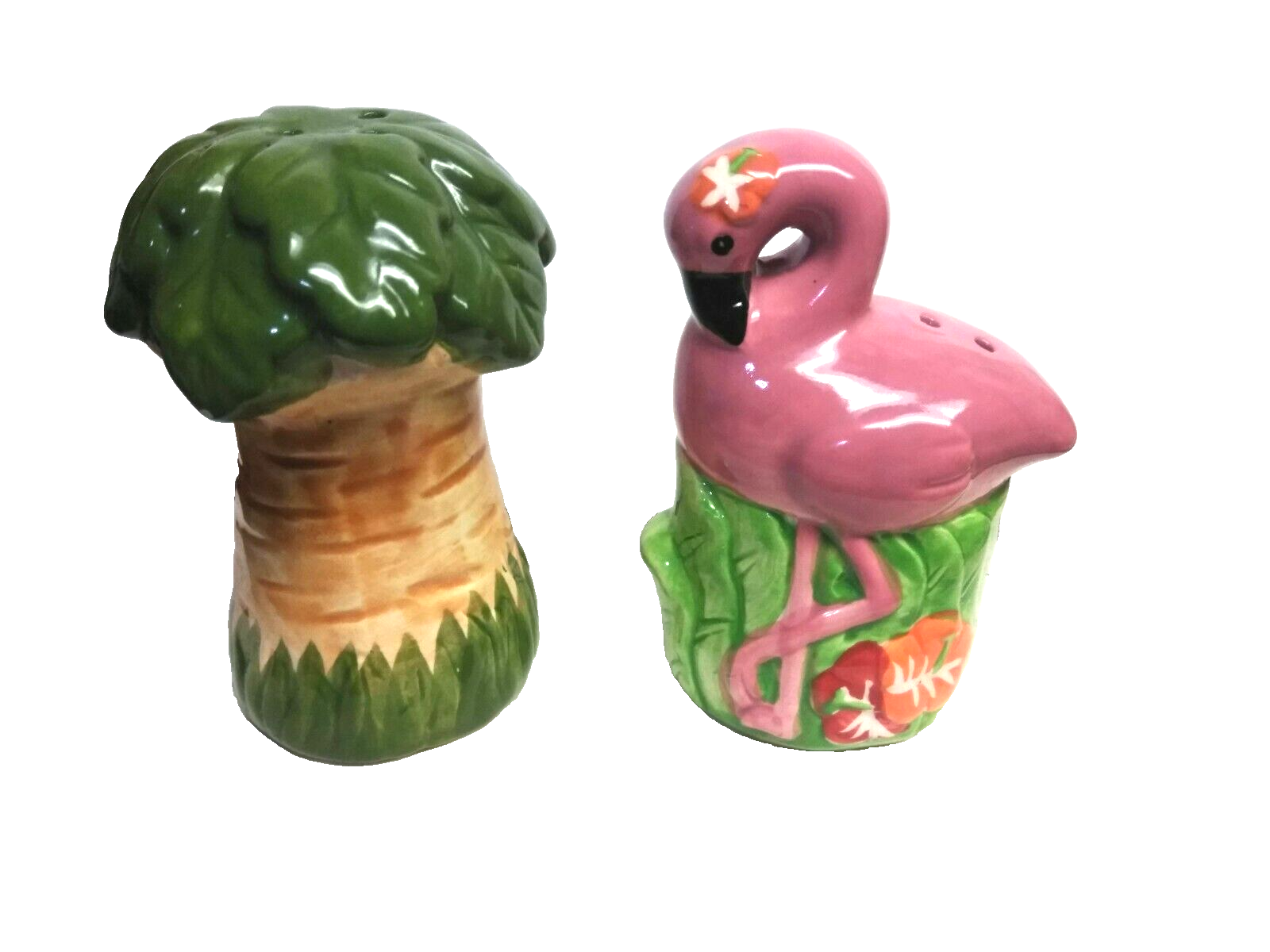 Vintage Tropical Pink Flamingo / Palm Tree Salt and Pepper Sha...