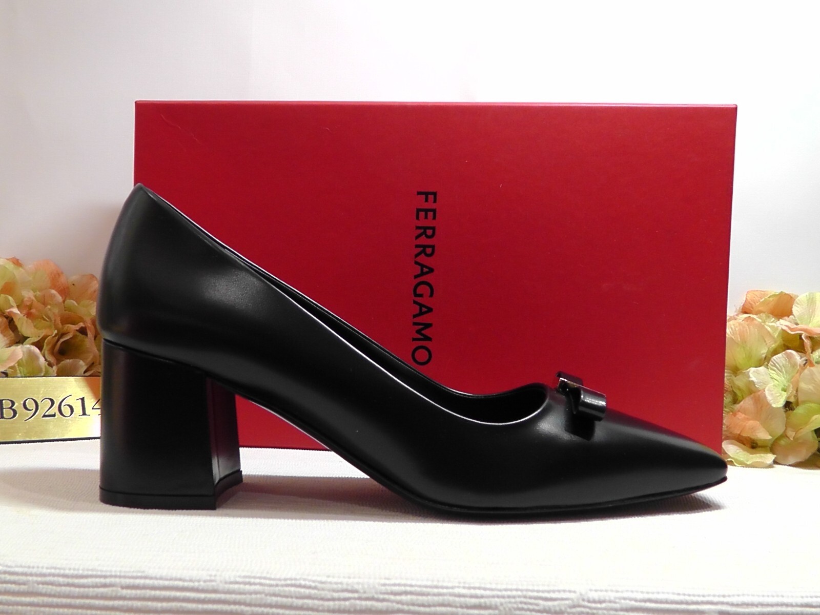Pre-owned Ferragamo Black Leather Myra Bow Block Heel Pumps Size 9c $850nib