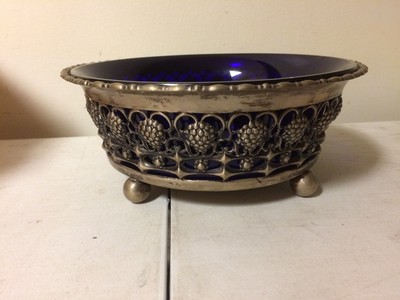 Bruckhamm & Shone German 800 Silver Bowl Cobalt Glass Insert LAMEYEP No. 12436