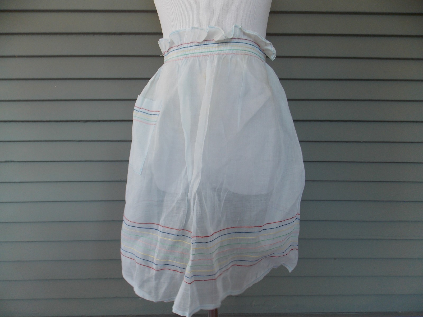 Vintage Handmade Half Apron Light Blue With Pocket Multi Colored Threads