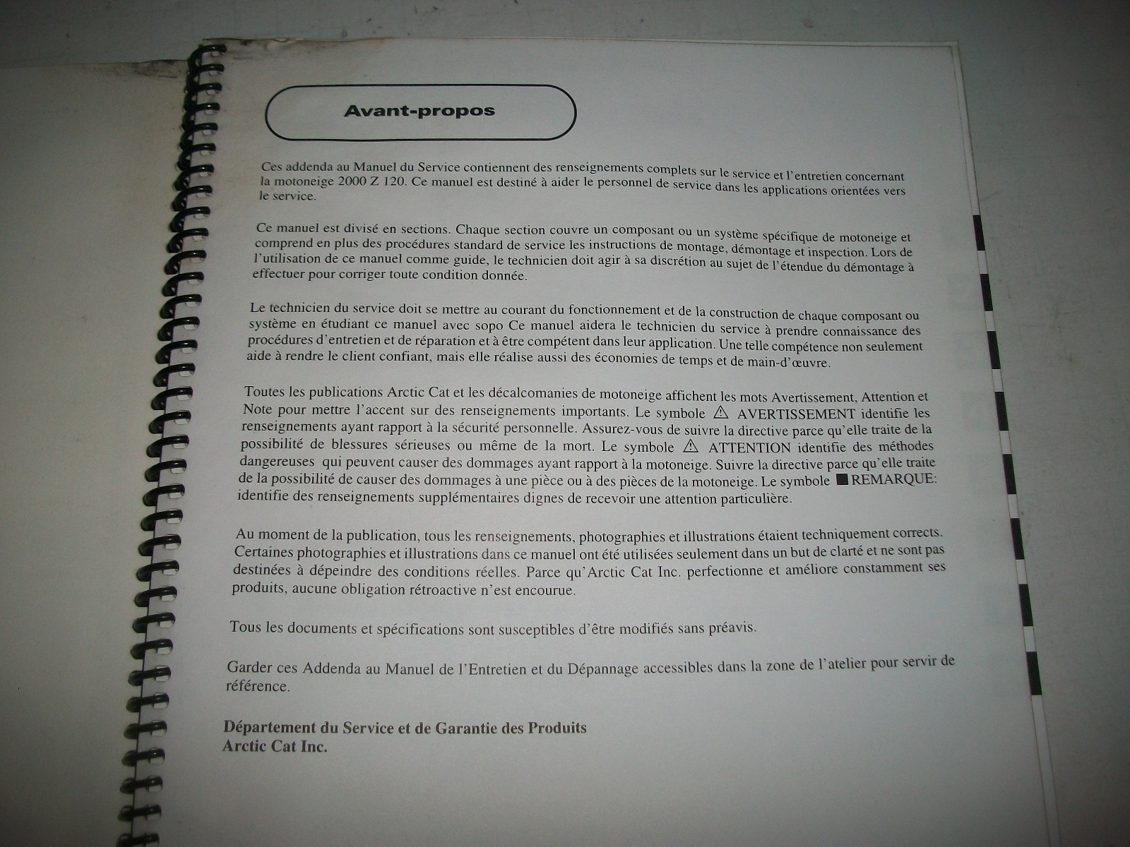 2000 ARCTIC CAT Z 120 SNOWMOBILE SERVICE MANUAL ADDENDUM FRENCH LANGUAGE ISSUE