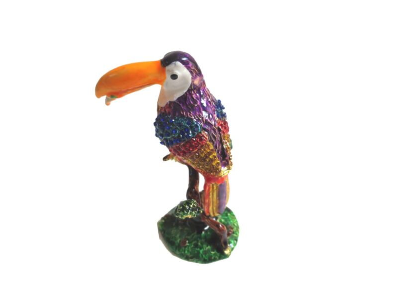 Bejeweled Toucan Big Mouth Bird Hinged Metal Enameled Rhinestone Trinket Box