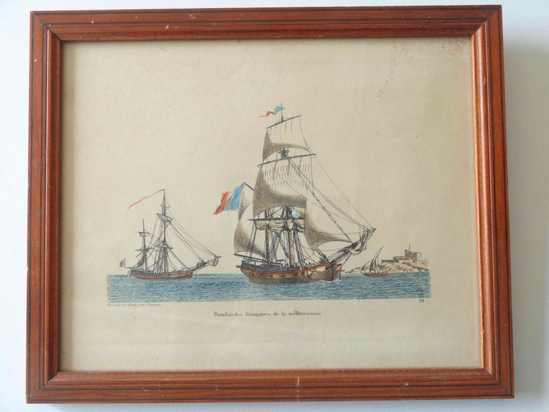 Gravure Encadree Bombardes FranÃ§Aises De La MÃ©DiterranÃ©E Baugean Marine Bateaux