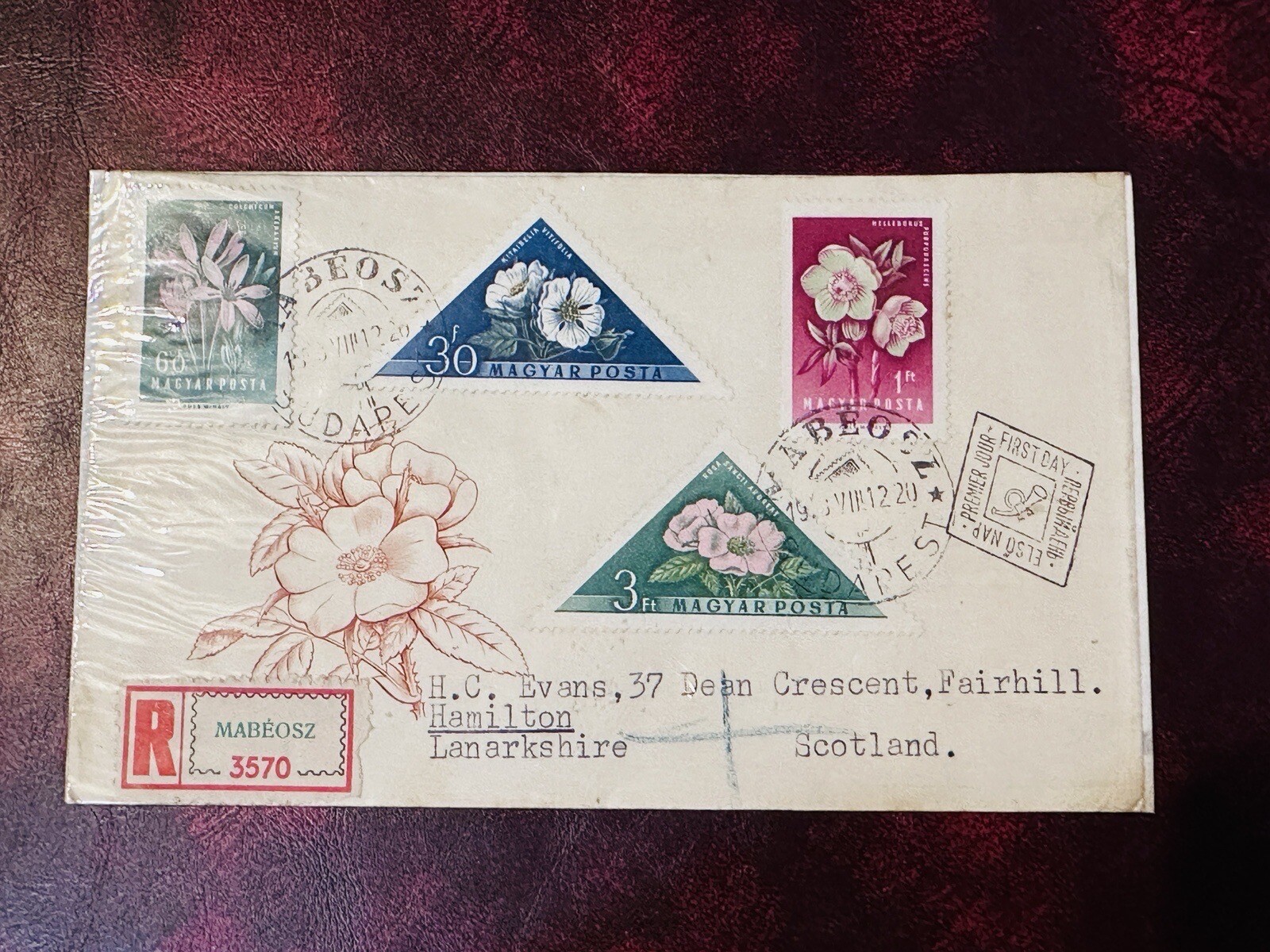 1958 Hungary FDC REGISTERED COVER FLOWERS TO SCOTLAND