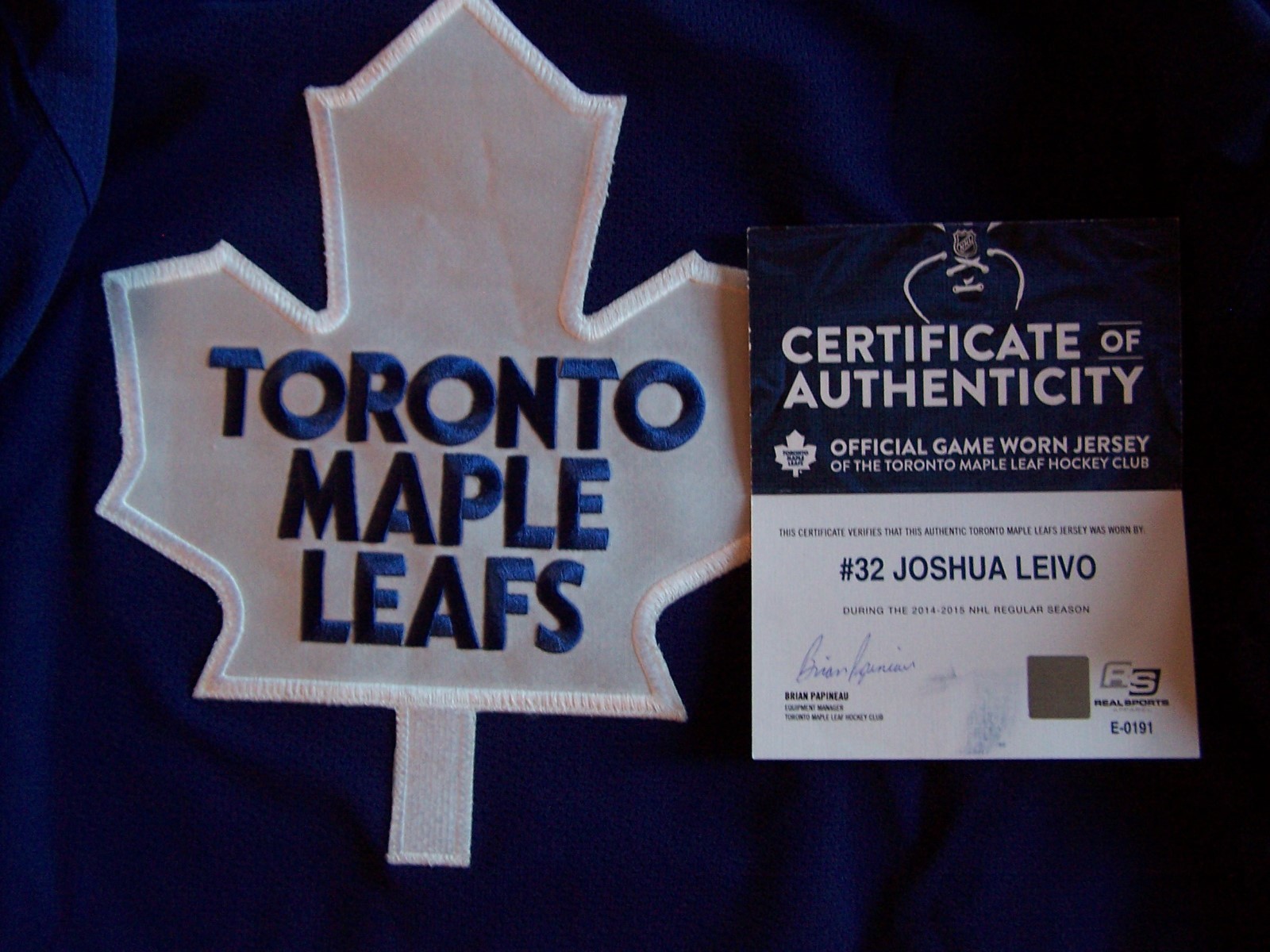 JOSH LEIVO 2014-2015 game used jersey LEAFS/CANUCKS..comes WITH COA from MLSE