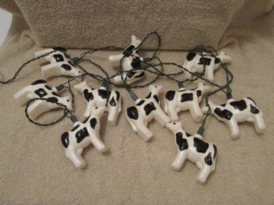 Vintage Plastic Christmas Tree Lights Black & White Cows String of 10/2 Sets