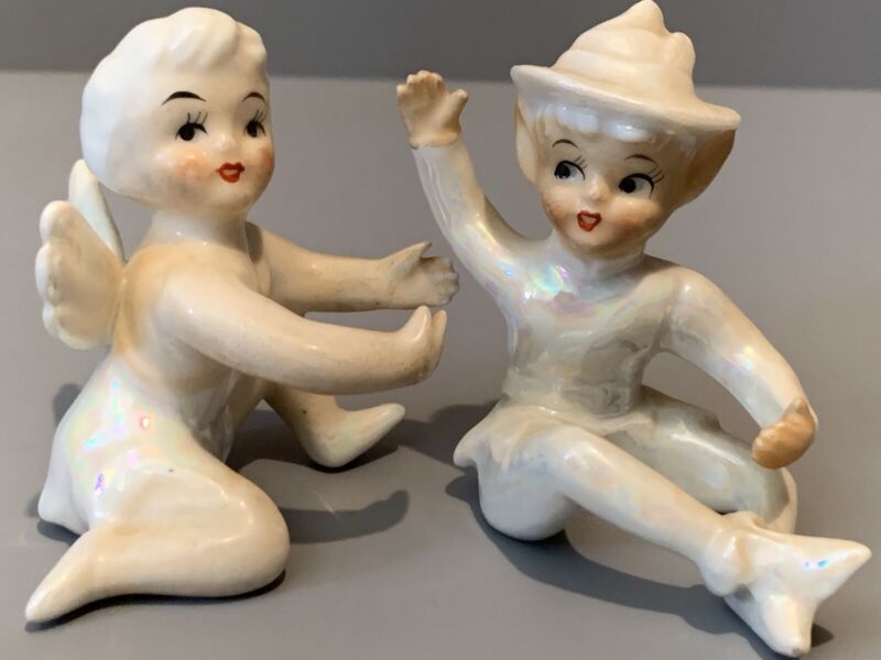 Vtg Mid-century 50’s Pixie Angel & Elf Fairy Candle Hugger Holder Luster Ware