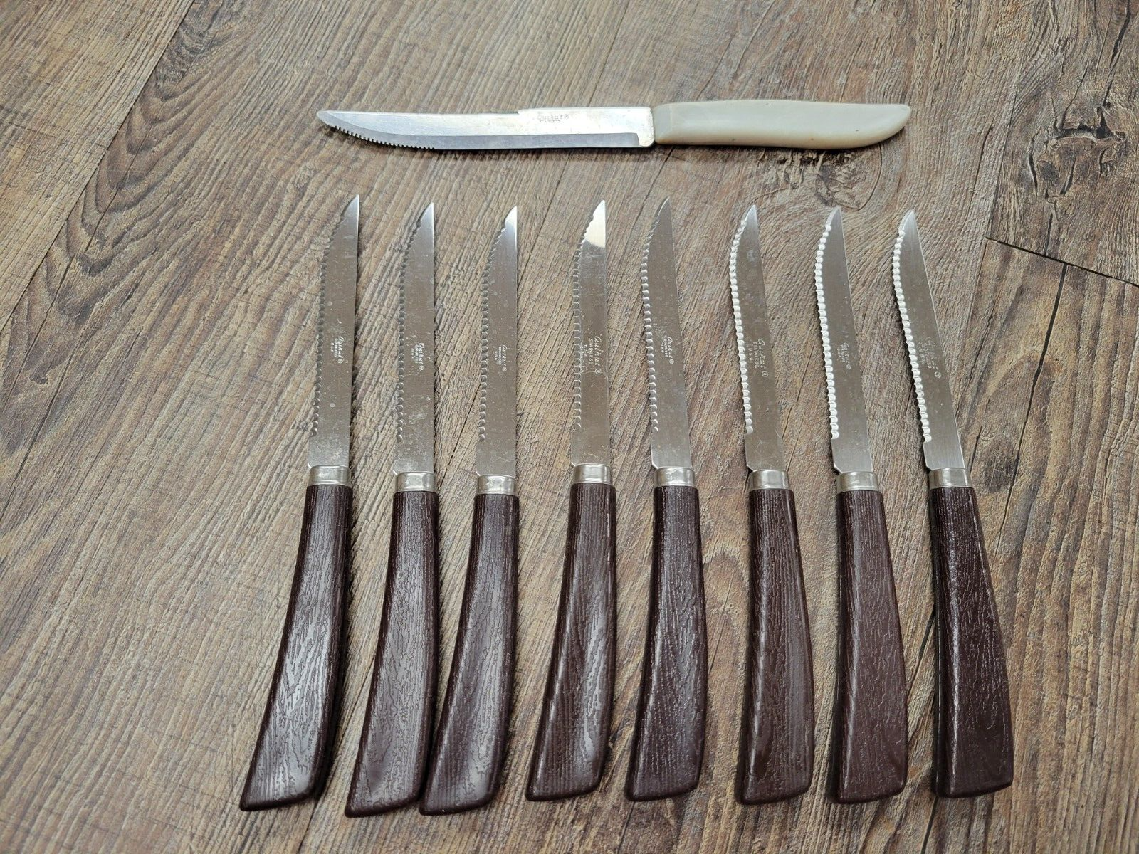 8 Vintage Quikut Stainless Steel Steak Knives Brown Faux Wood Handle Cutlery