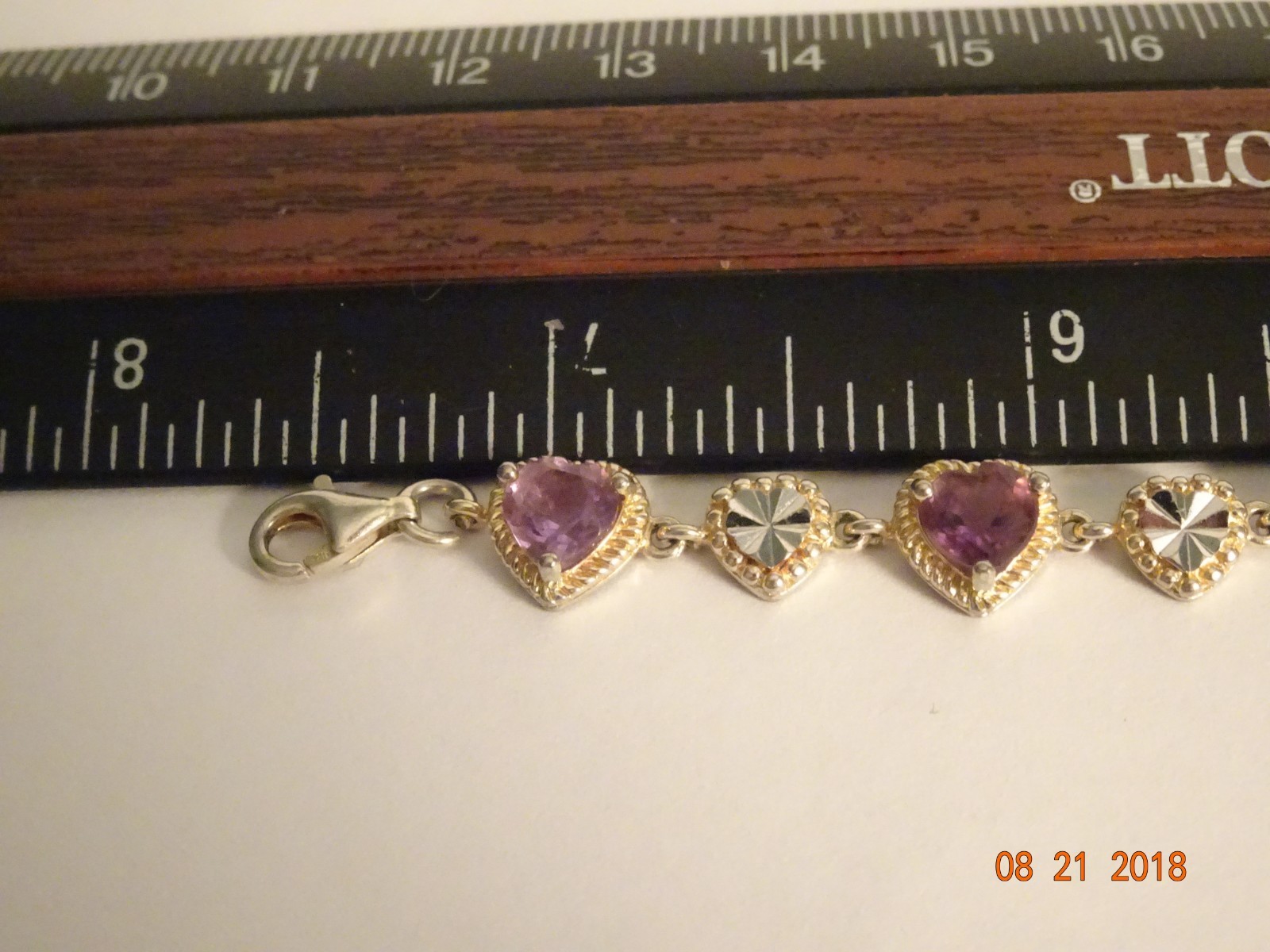 Sterling Silver 2 Tone Heart Amethyst Bracelet-7 1/2