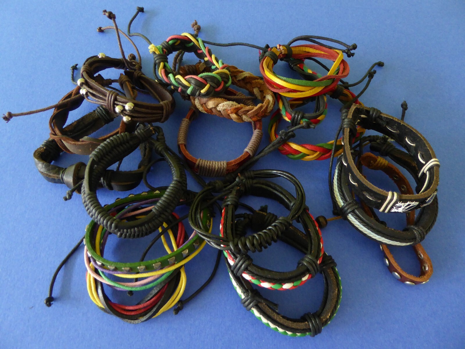 Lot of 18 Braided Surfer Multi Layer Cuff Bracelet Leather Multicolored