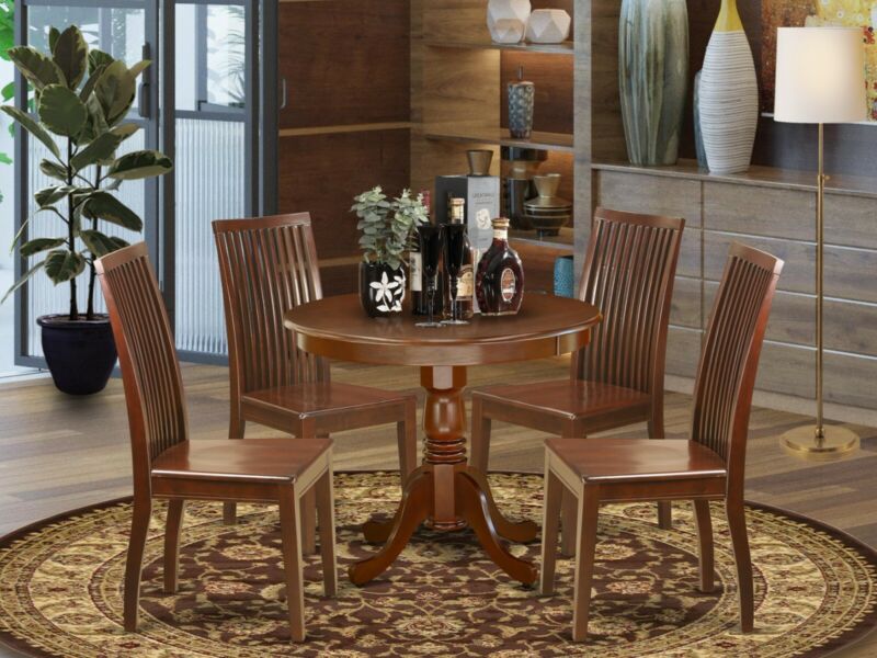 5pc Kitchen Dinette, 36" Round Pedestal Table + 4 Wood Dining Chairs In Mahogany
