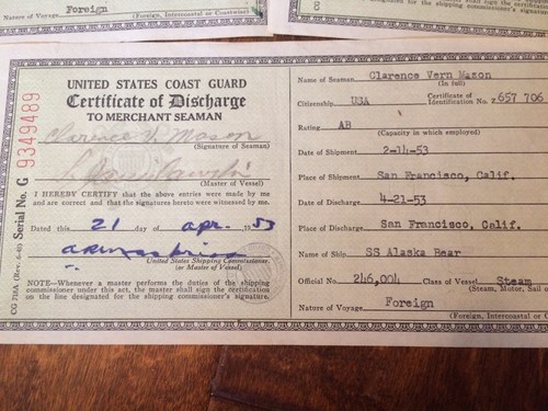 7 1953 U.S. Coast Guard Certificate of Discharge Merchant Seaman Steam Vessels