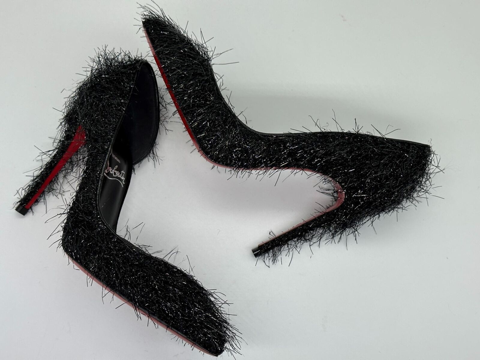 Pre-owned Christian Louboutin Iriza 100 Yeti Lurex Fuzzy Half D'orsay Heel Pump Shoes $845 In Black