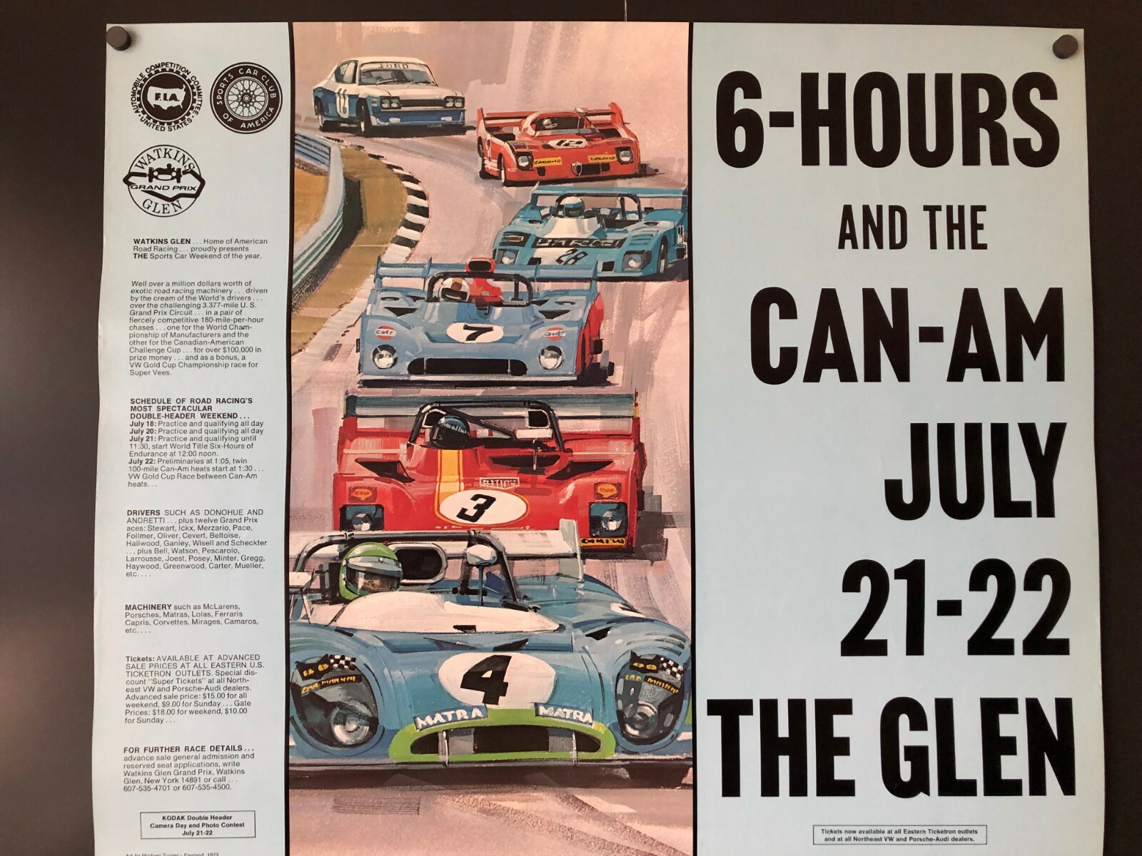 Watkins Glen 6 Hours & the Can-Am (July 21/22, 1973) -Original Poster 22 x 28 NM