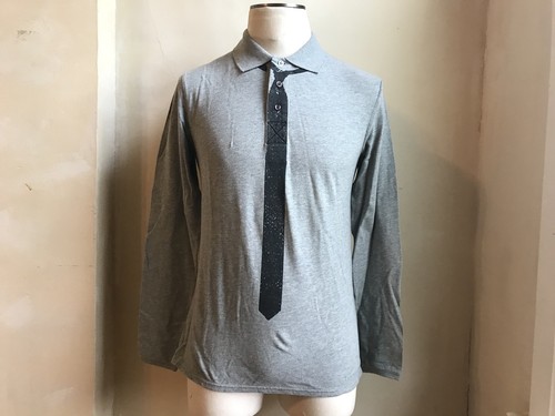CLASS ROBERTO CAVALLI GREY BLACK PRINT TIE LONG SLEEVE POLO