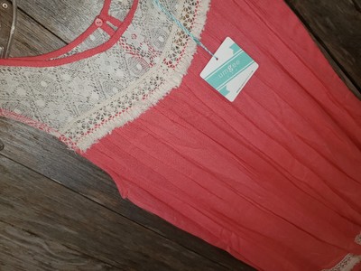 NEW Umgee S Dress Coral Pink Lace Fringe Sleeveless Swing Babydoll Boho