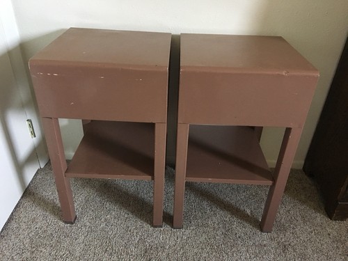 2 MCM SIMMONS NORMAN BEL GEDDES METAL NIGHT STAND TABLES