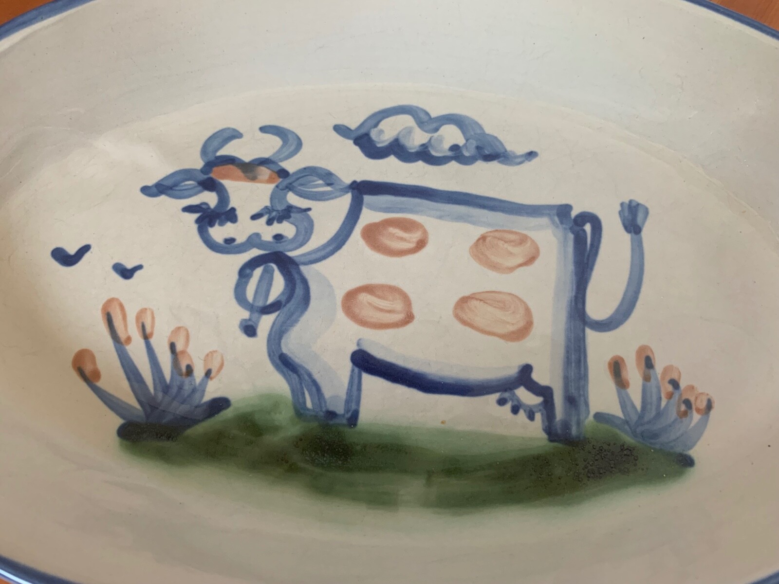 M A Hadley Country Scene Blue Oval Serving Platter Standing Cow 11