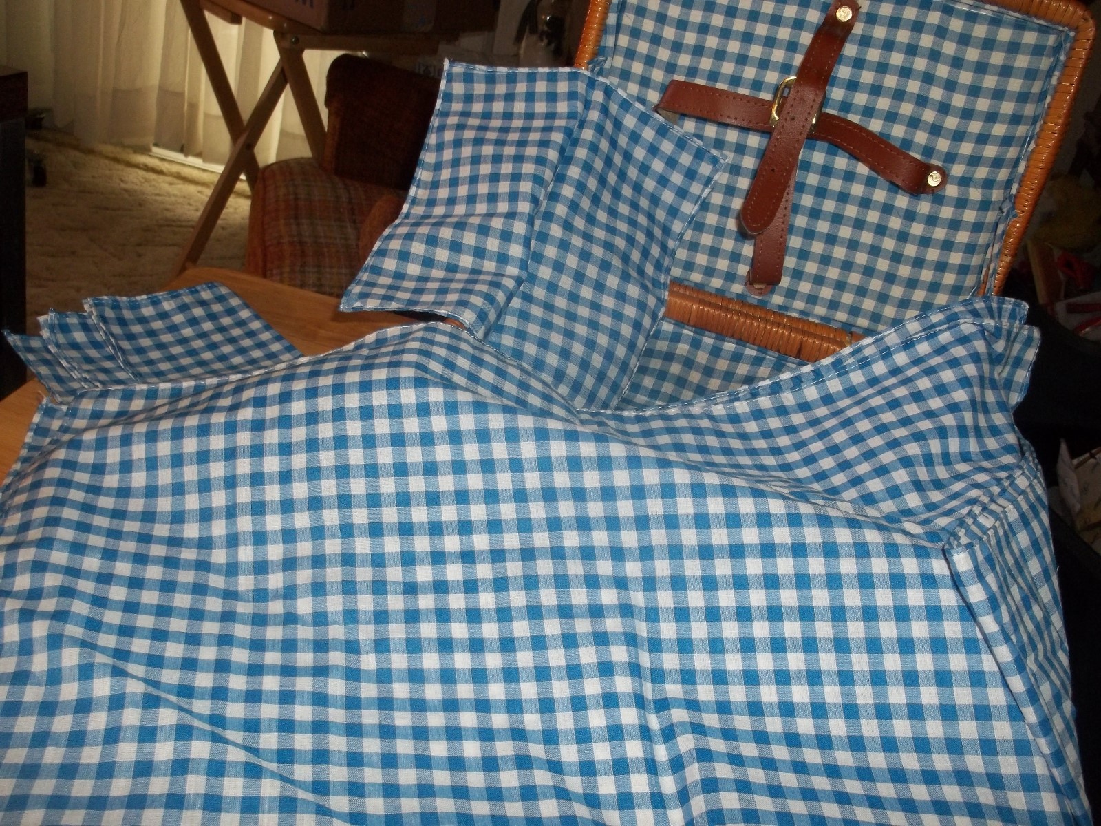 CHILD'S BASKET/ TIN CUPS / PLATES -BLUE WHITE CHECK SILVERWARE,CLOTH,NAPKINS etc