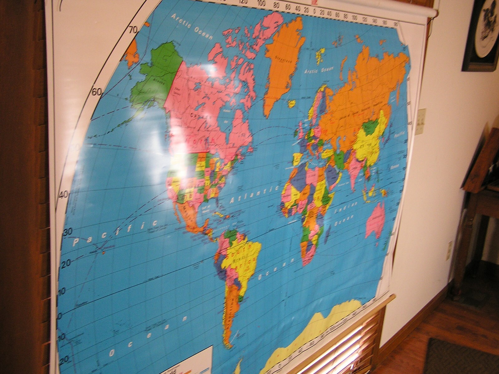 Nystrom 1NS98  World  PULL-DOWN MAP  5.5 feet by 4.5 feet - XF condition