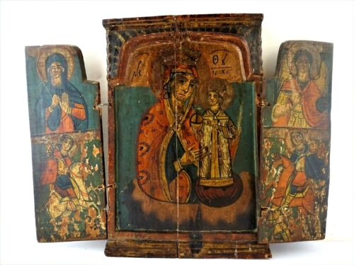 Large Authentic Antique Greek Orthodox Icon Triptych 18th Century T3