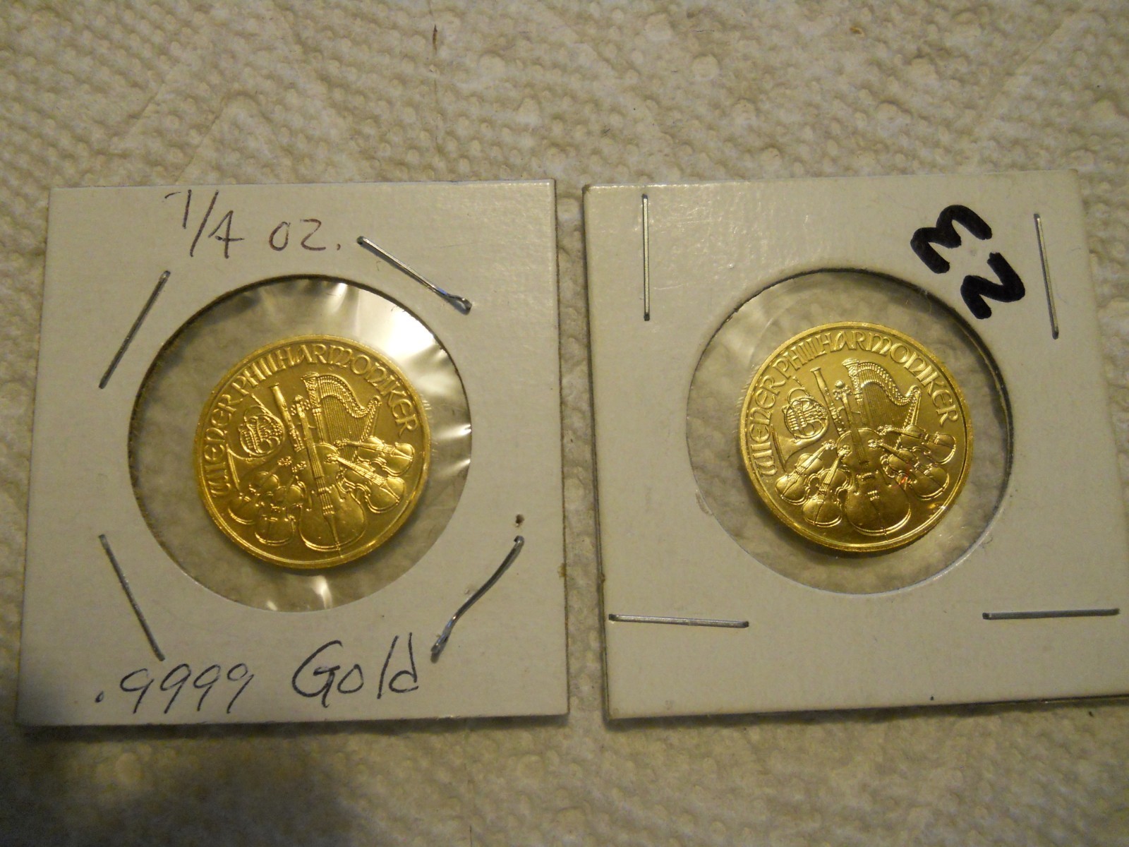 Two 1999 1/4 oz Austrian Gold Philharmonic Coins...Total 1/2 Oz 999.9 Gold