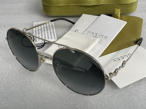 Pre-owned Gucci Gg0878s 001 Gold Havana Frame Grey Lens 59-20-140 Sunglasses Gg 0878 In Gray