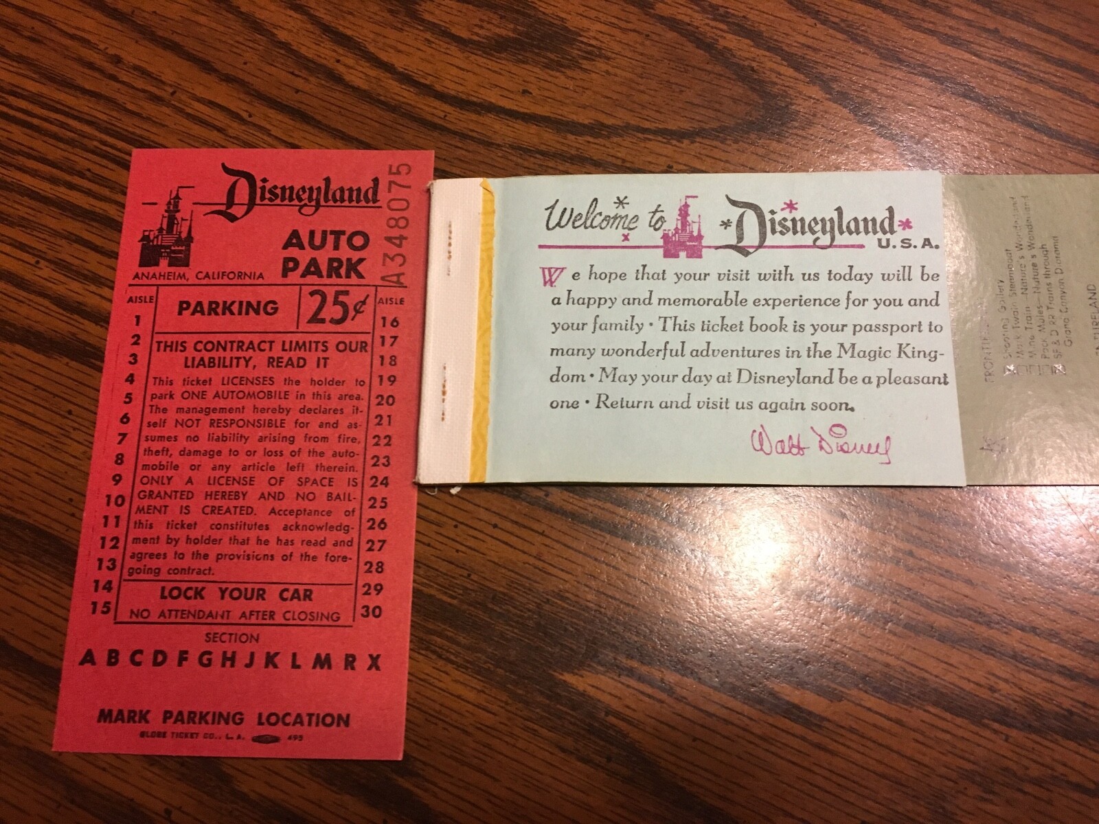 original Vintage Disneyland Admission Ticket/ Jr., Auto Parking 1950s Anaheim CA