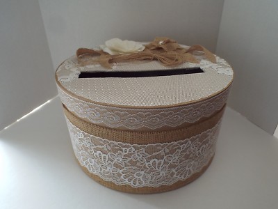 Chic Wedding Money Box Burlap, Lace Handmade for Elegant bride 200 cards