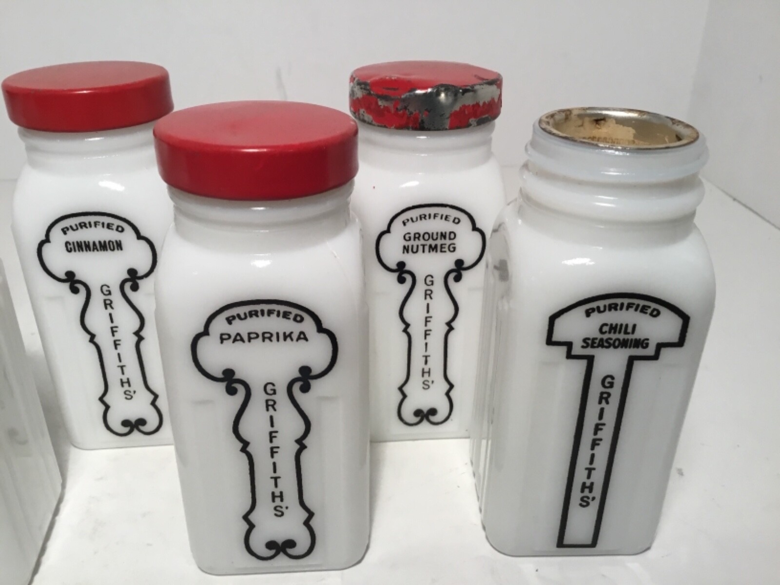 Vintage Griffith’s White Milk Glass Spice Jars, Red Lid, Set of 8