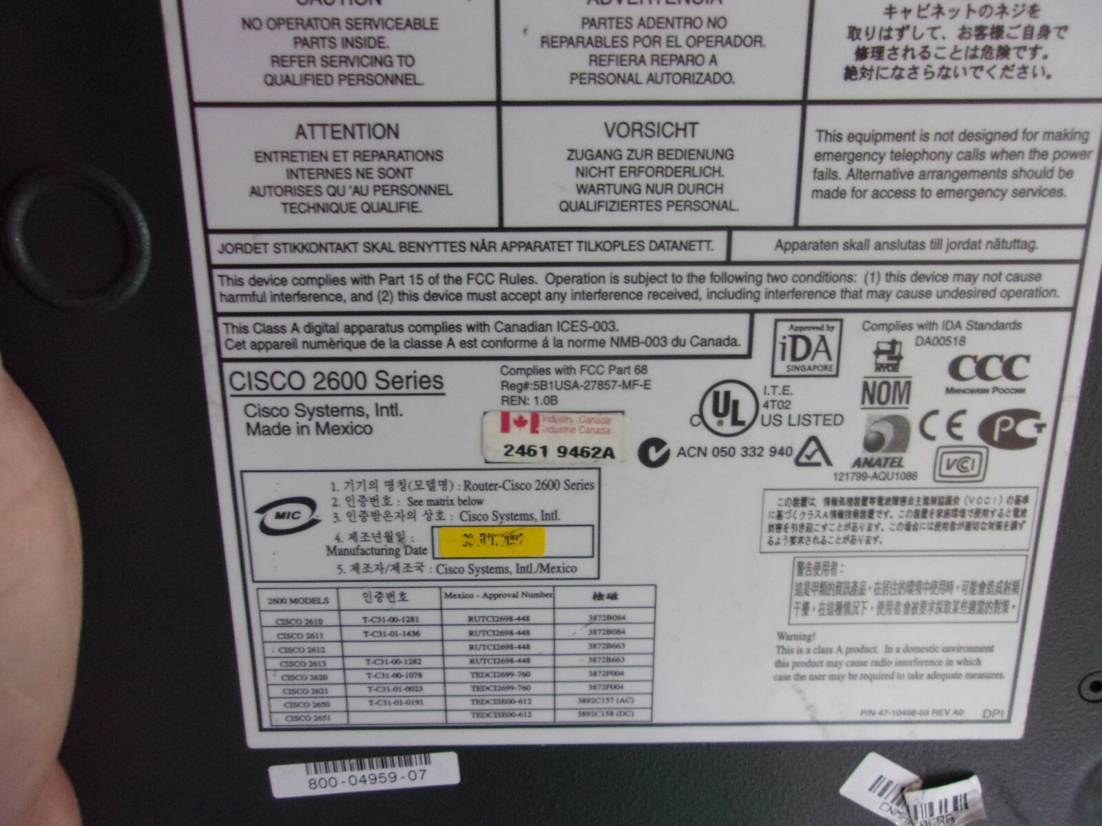 Cisco 2600 Series for Parts or Repair Label says 2621