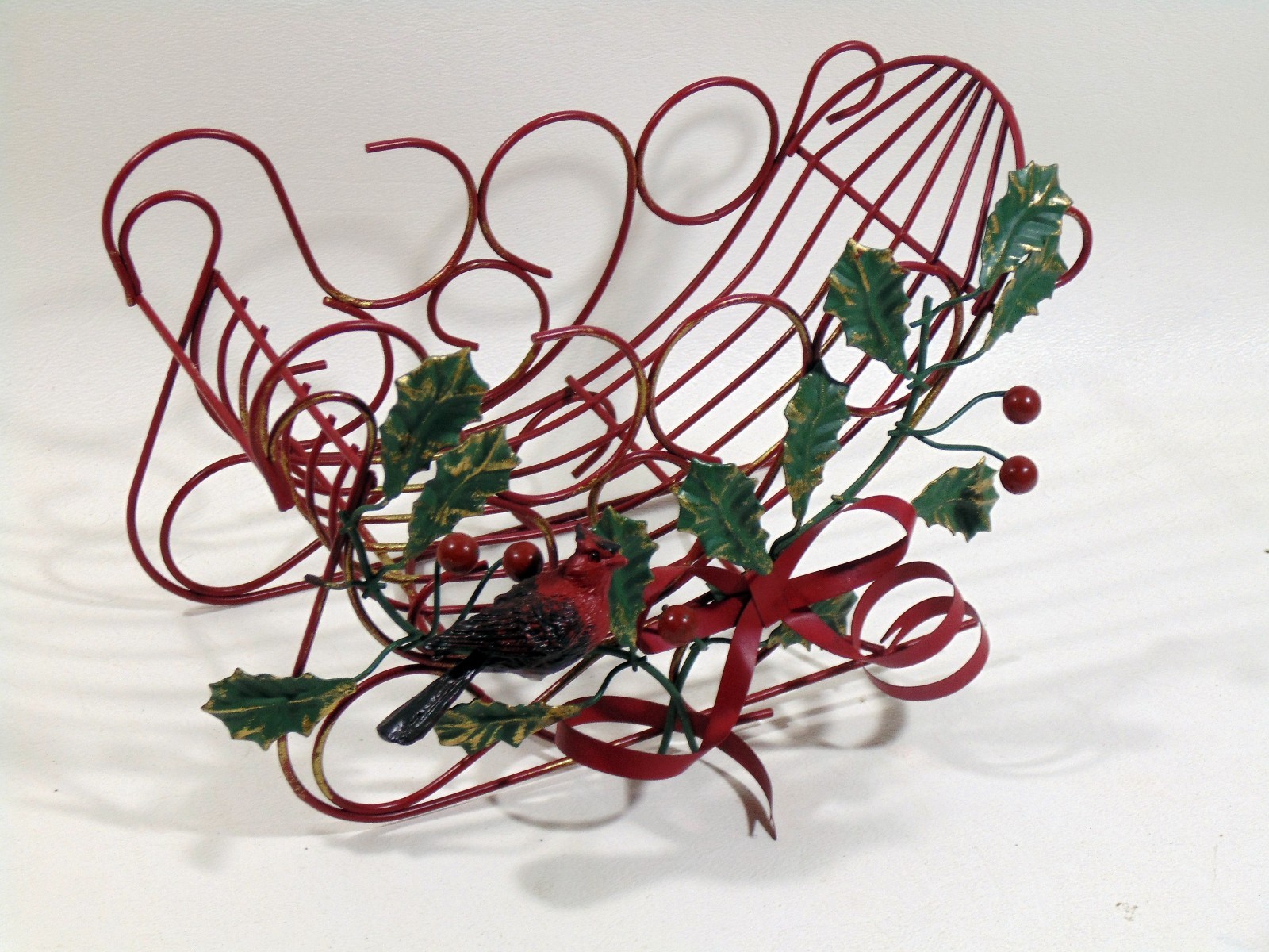 6 Felt Christmas Mice and Wire Sleigh Decorated With Cardinal and Holly