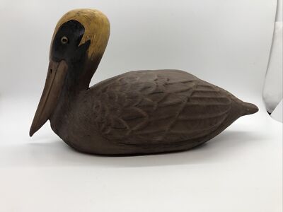 Vintage R Hall Hand Carved Wood Pelican Decoy Signed 9-91 Water Bird 10 