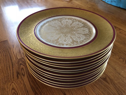 Set of 12 Limoges France Gold Encrusted Band China Dinner Plates Decal Red trim