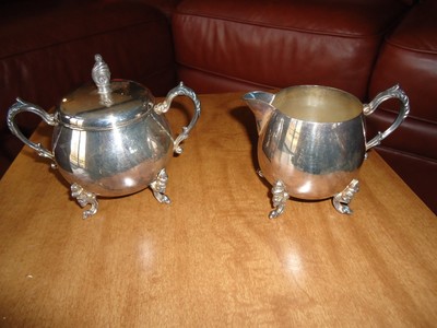 ANTIQUE COFFEE/TEA SET SHERIDAN SILVER ON COPPER PLATE TEAPOT/TRAY/SUGAR/CREAMER