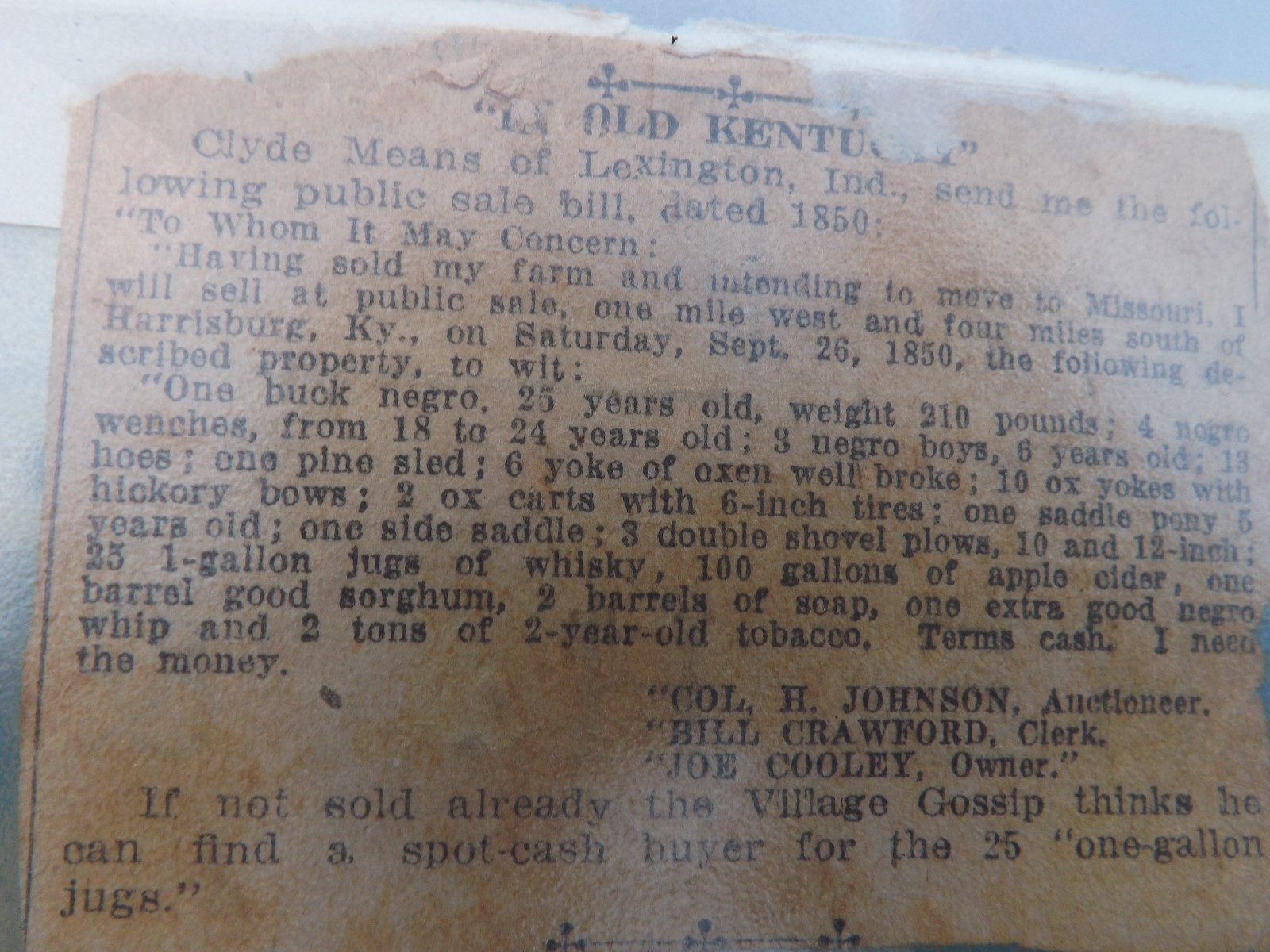 RARE 1850 Lexington KY SLAVE AUCTION Whiskey Bourbon PRE CIVIL WAR Black America